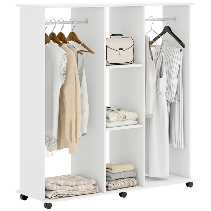 Armoire penderie Meuble de Rangement Mobile 6 roulettes 120L x 40l x 128H cm en bois Blanc