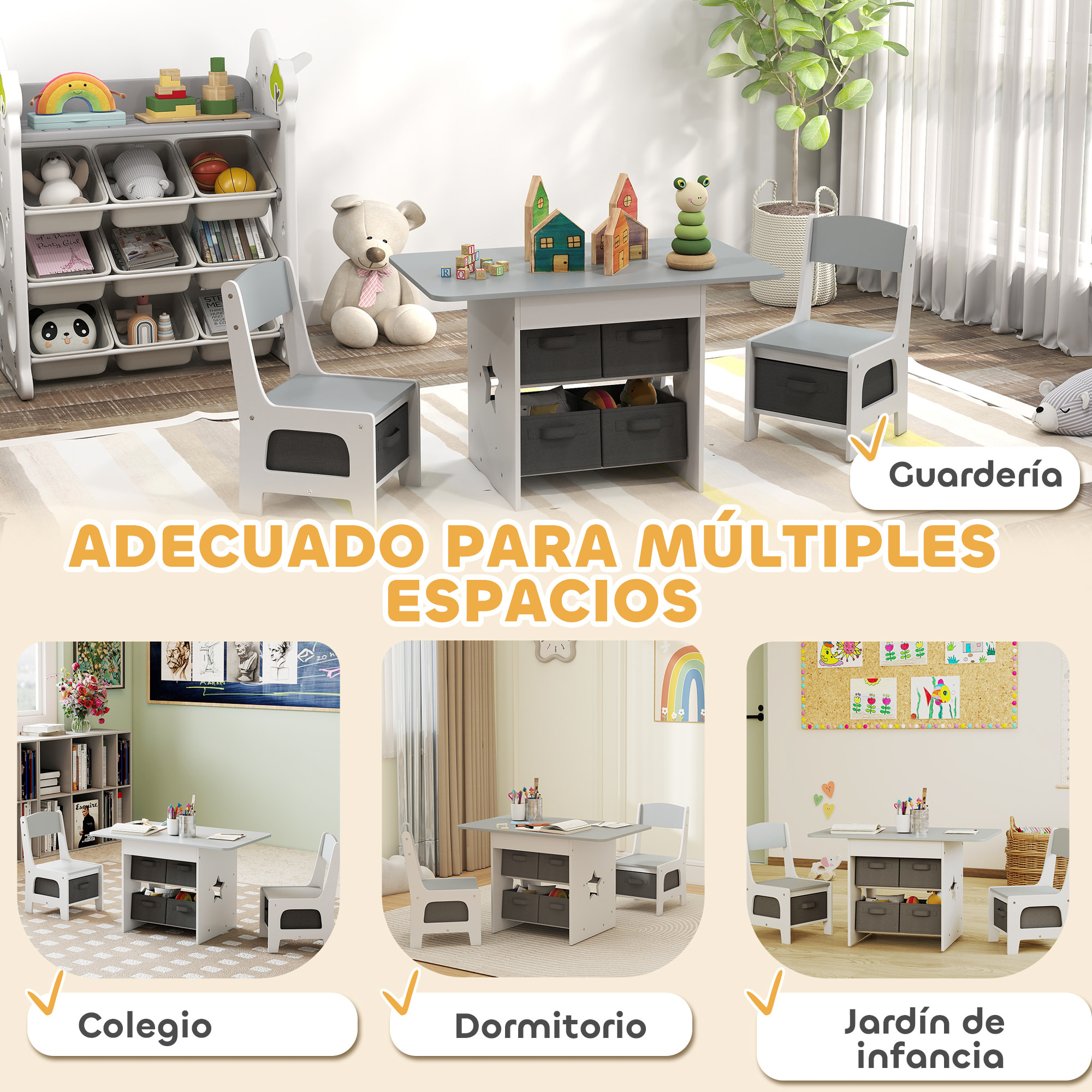 Mesa Infantil con 2 Sillas, Mesa y Sillas Infantil con 6 Cajones de Tela, Diseño Estrellas, para Niños y Niñas de 3-8 Años, para Hogar, Guardería, Aulas, Gris Claro