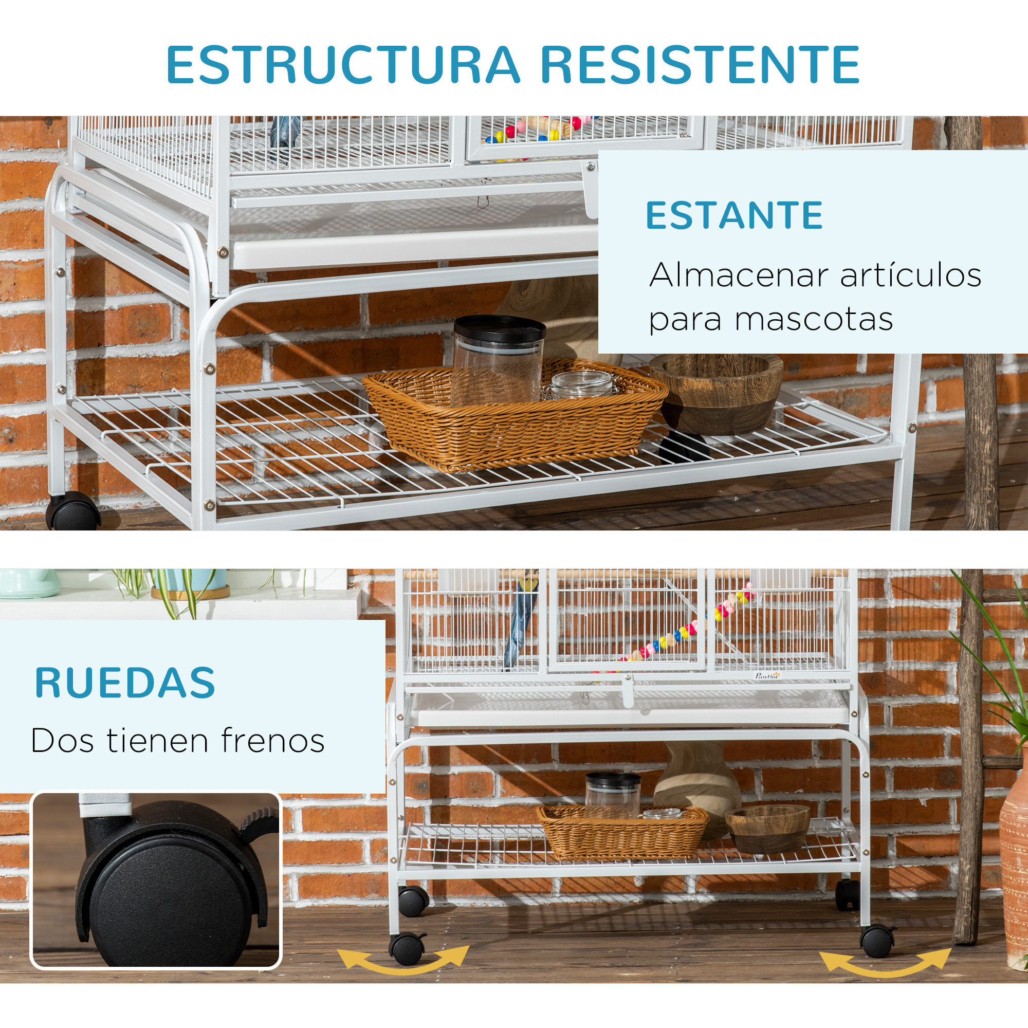 Jaula para Pájaros con Ruedas 83x53x180 cm Pajarera Metálica de 3 Niveles con 3 Perchas Comederos Juguetes Rampas y Estante de Almacenamiento para Canarios Periquitos Blanco