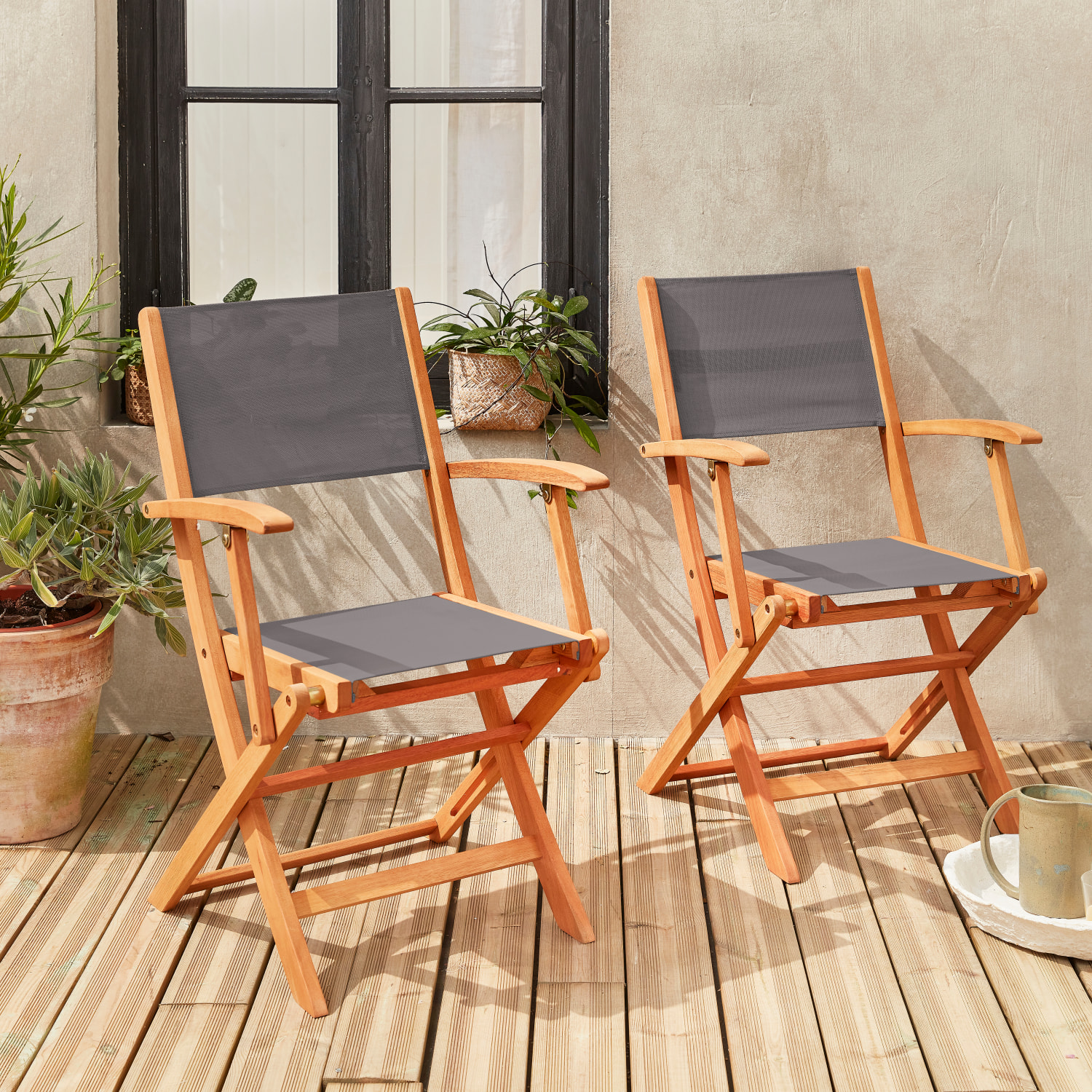 Fauteuils de jardin en bois et textilène - Almeria Gris anthracite - 2 fauteuils pliants en bois d'Eucalyptus huilé et textilène