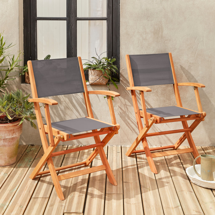 Fauteuils de jardin en bois et textilène - Almeria Gris anthracite - 2 fauteuils pliants en bois d'Eucalyptus huilé et textilène
