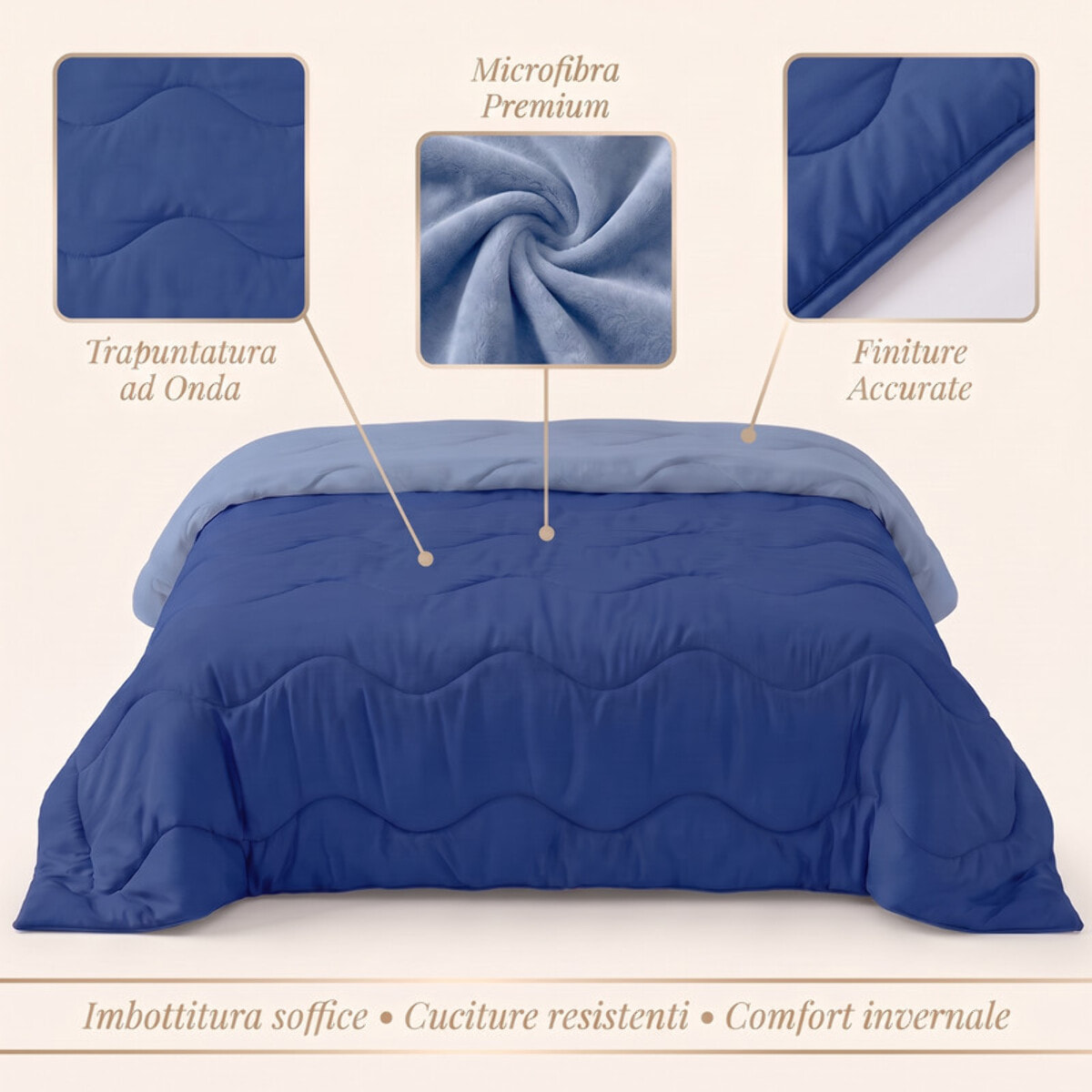 Trapunta invernale bicolor Made in Italy in microfibra di poliestere - Blu/Azzurro