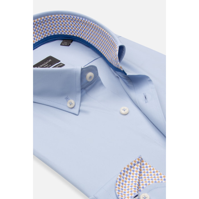 camicia uomo 1 bottone button down slim Popeline Stretch Unito Celeste