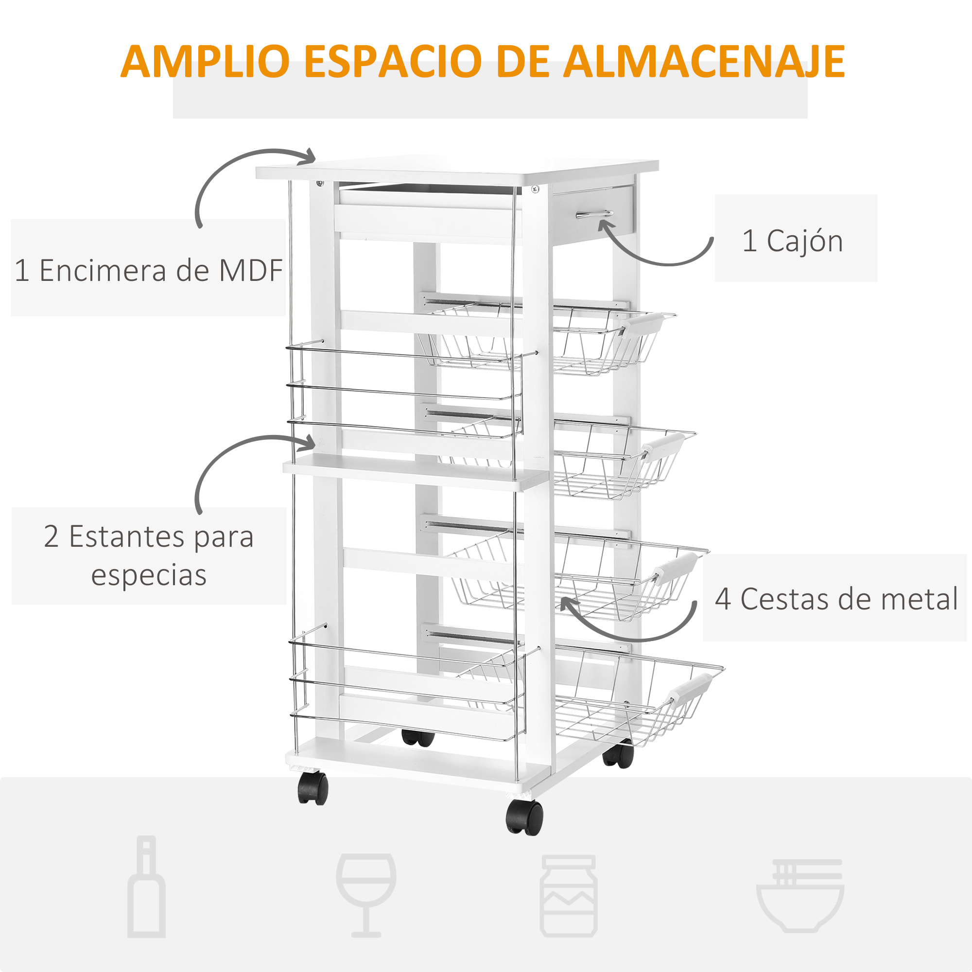 Carrito de Cocina con Cestas Extraíbles 47x37x83cm Blanco