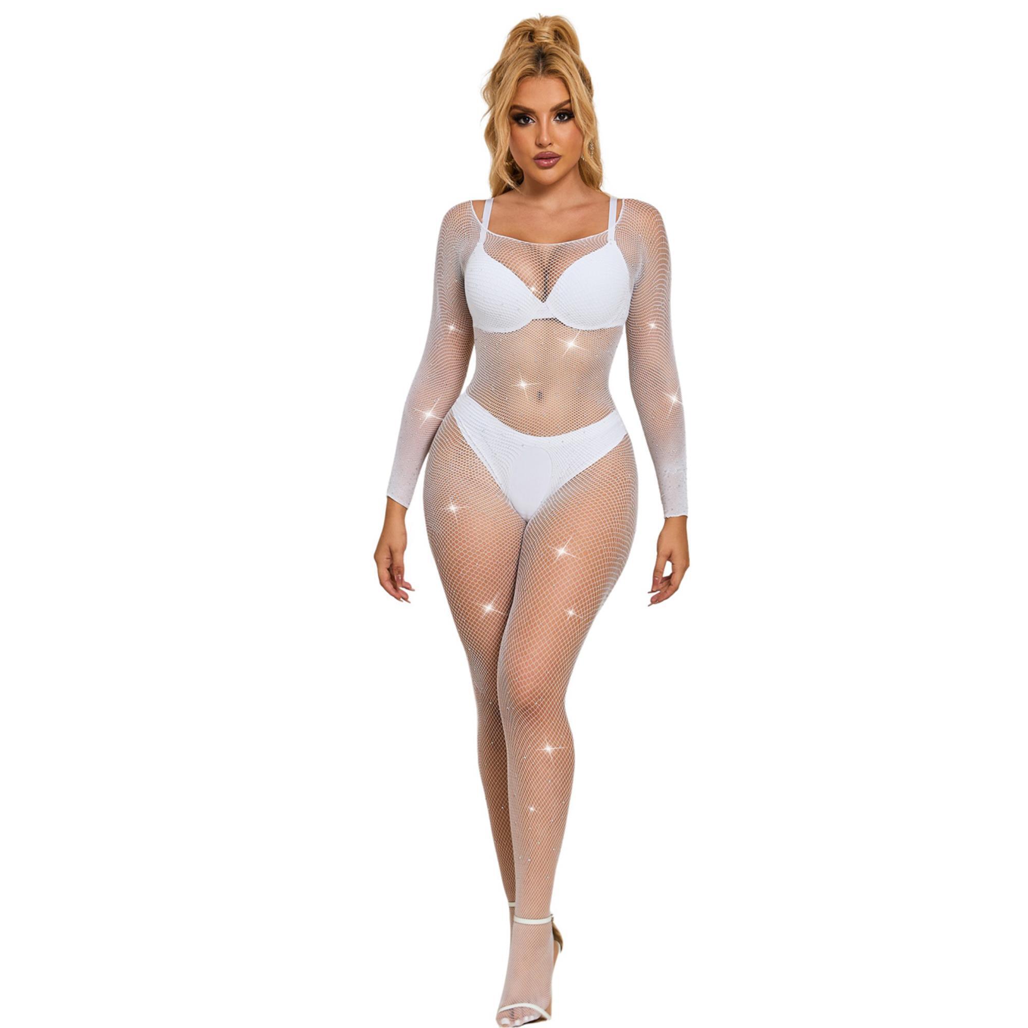Bodystocking de manga larga con diamantes y malla blanca