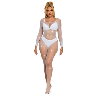 Bodystocking de manga larga con diamantes y malla blanca