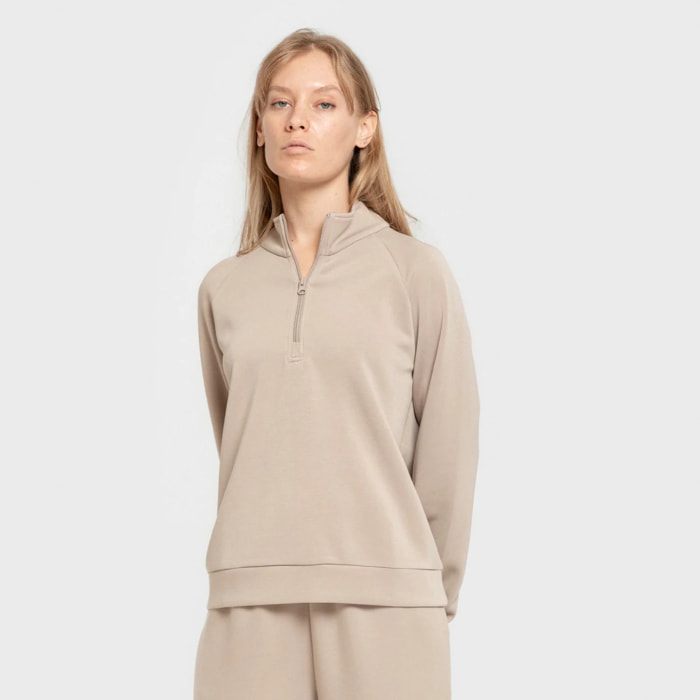 Felpa con mezza zip in stile modal da donna beige