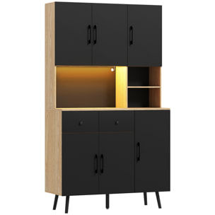 Buffet haut armoire cuisine design LED réglable avec fonction synchronisation musicale noir effet bois clair