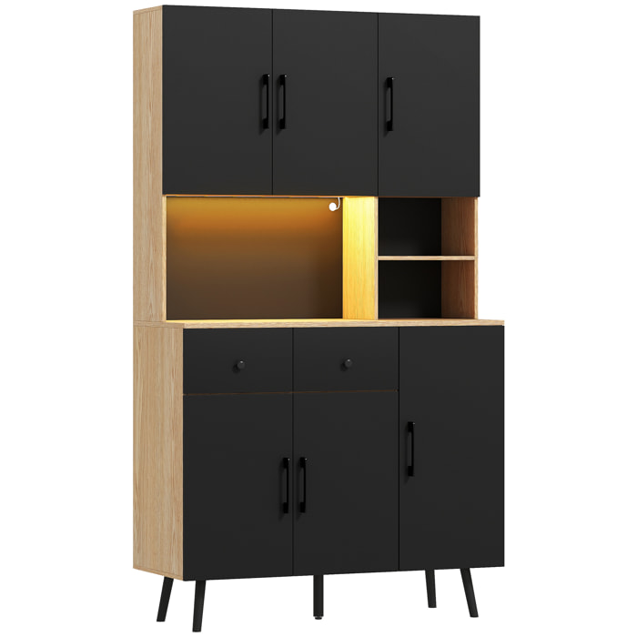 Buffet haut armoire cuisine design LED réglable avec fonction synchronisation musicale noir effet bois clair