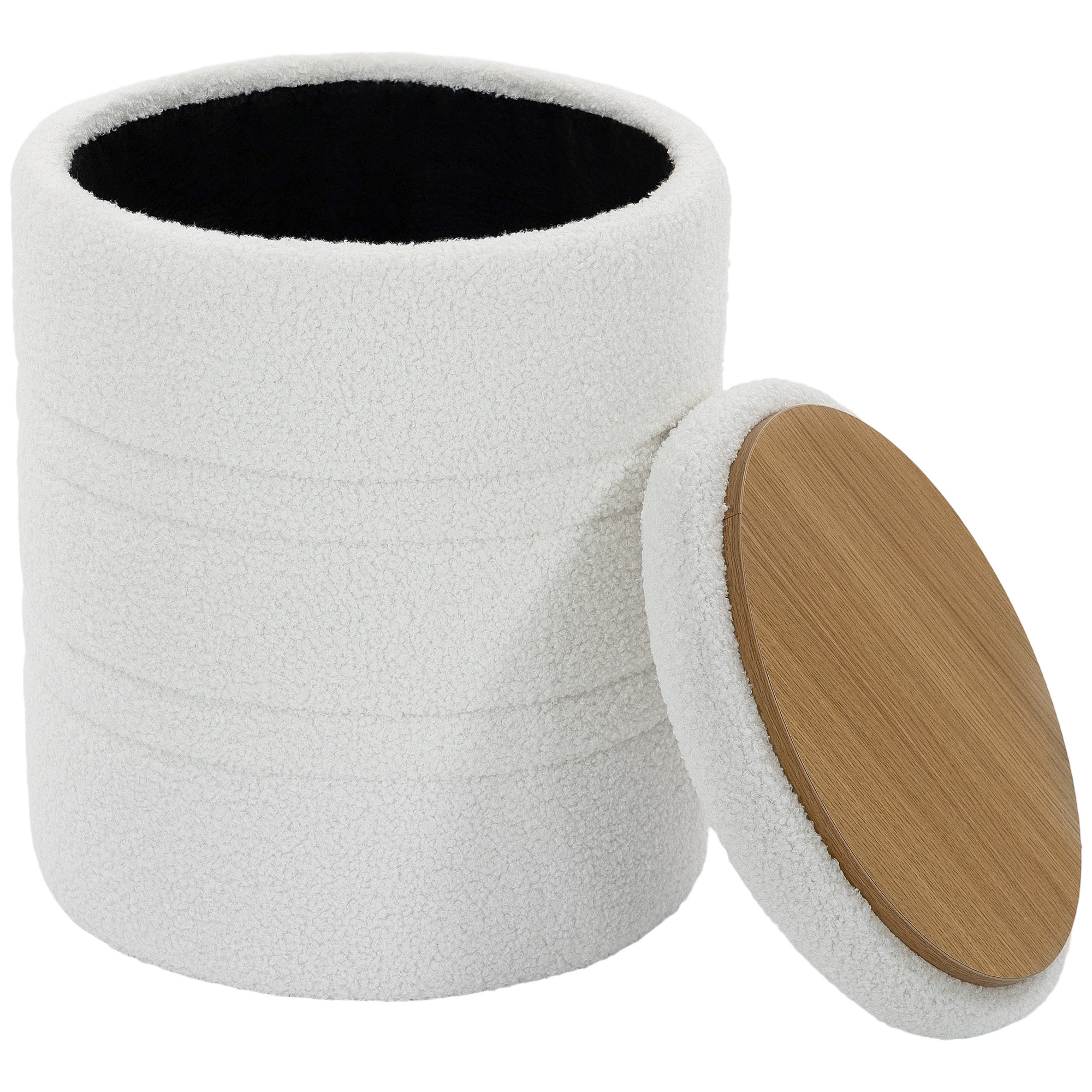 HOMCOM Puff Almacenaje, Banco Almacenaje, 33 L, Ø36,5x46,5 cm, Tapizado en Borreguito, Baúl de Almacenamiento Redondo con Tapa, Carga 120 kg, Taburete para Salón, Dormitorio o Recibidor, Blanco