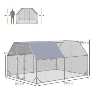 Gallinero para Exterior Grande, 2,8x3,8x1,95 m, Gallinero de Acero Galvanizado con 2 Habitaciones, Cubierta de Tela Oxford, Anti-UV e Impermeable, Jaula para 10-12 Gallinas y Conejos, Plata