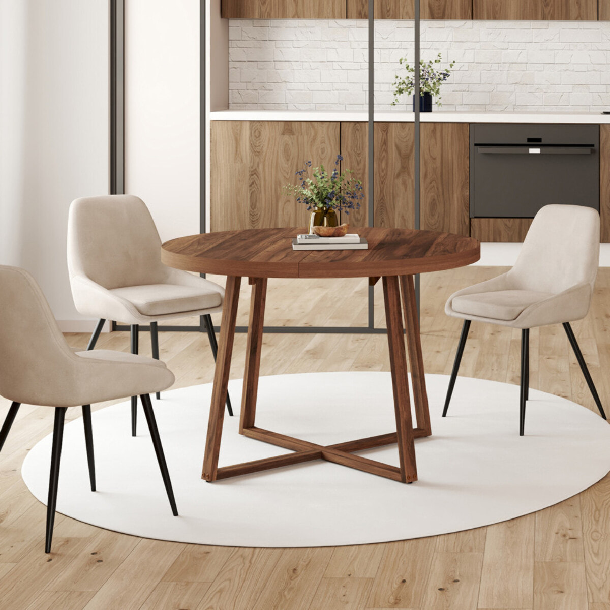 Table à manger ronde extensible Sana Ø110-150cm effet noyer