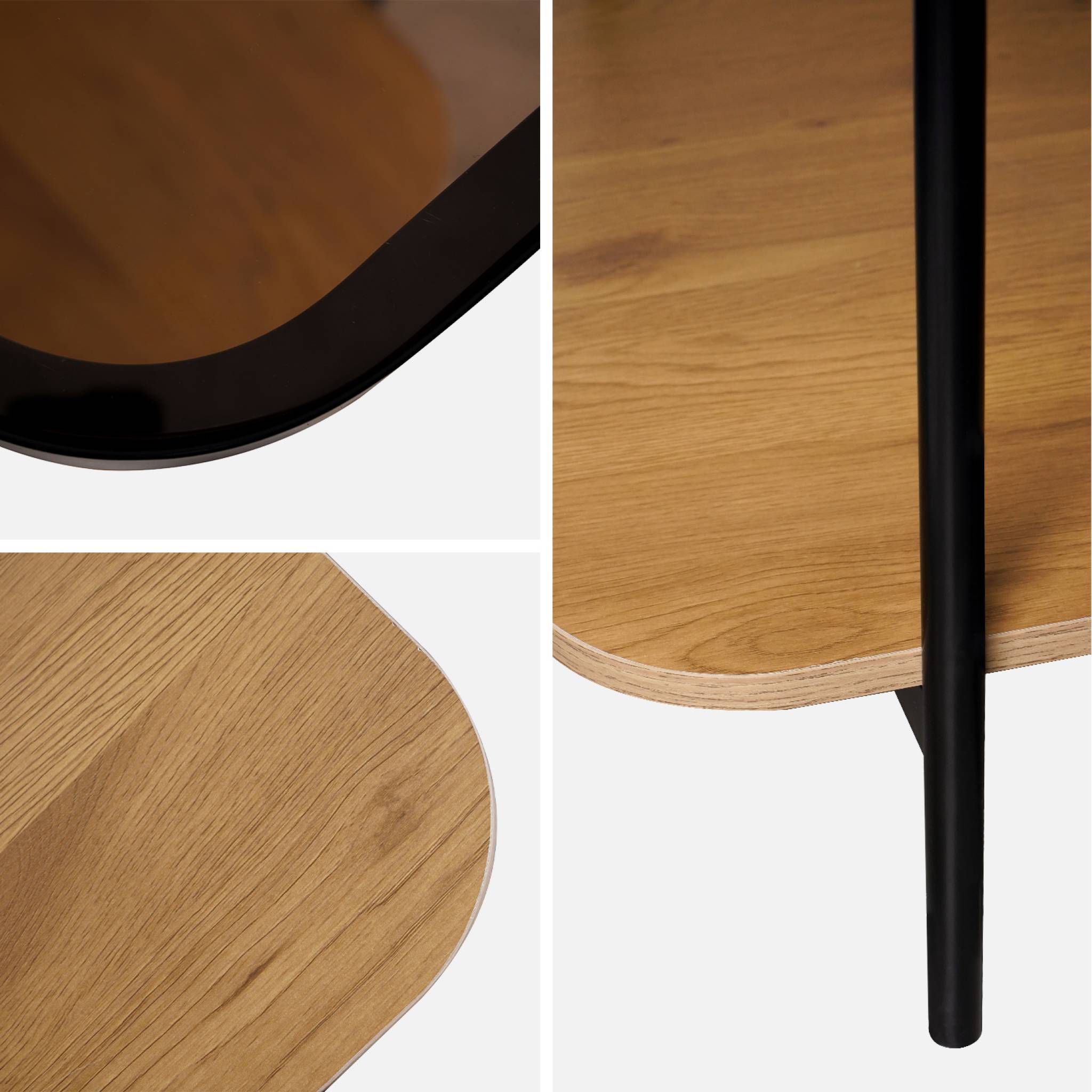 Table basse vintage en métal noir avec 2 plateaux (verre et décor bois). bords arrondis