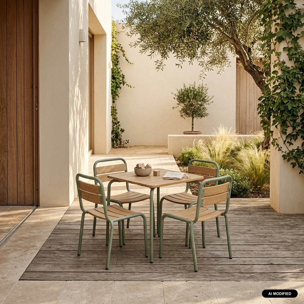 Table de jardin enfant acier et décor bois + 4 assises SUZIE