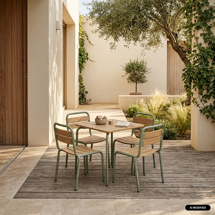 Table de jardin enfant acier et décor bois + 4 assises SUZIE