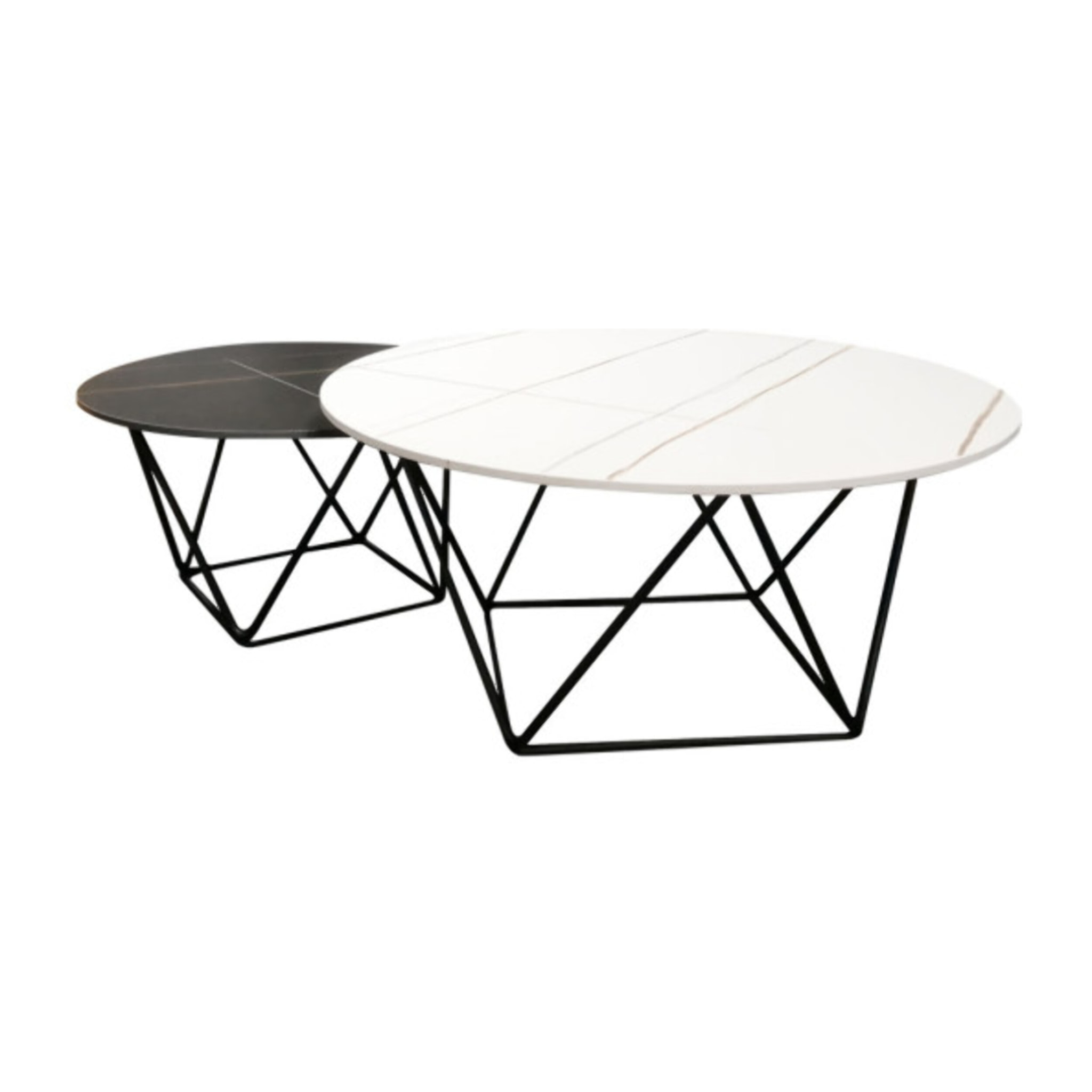 Set de 2 tables basses rondes noir et blanc céramique marbré - BRUNA