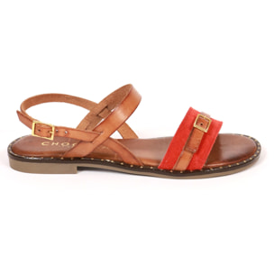 SANDALO FLAT CINTURINO CHOCOLA' VERA PELLE ROSSO