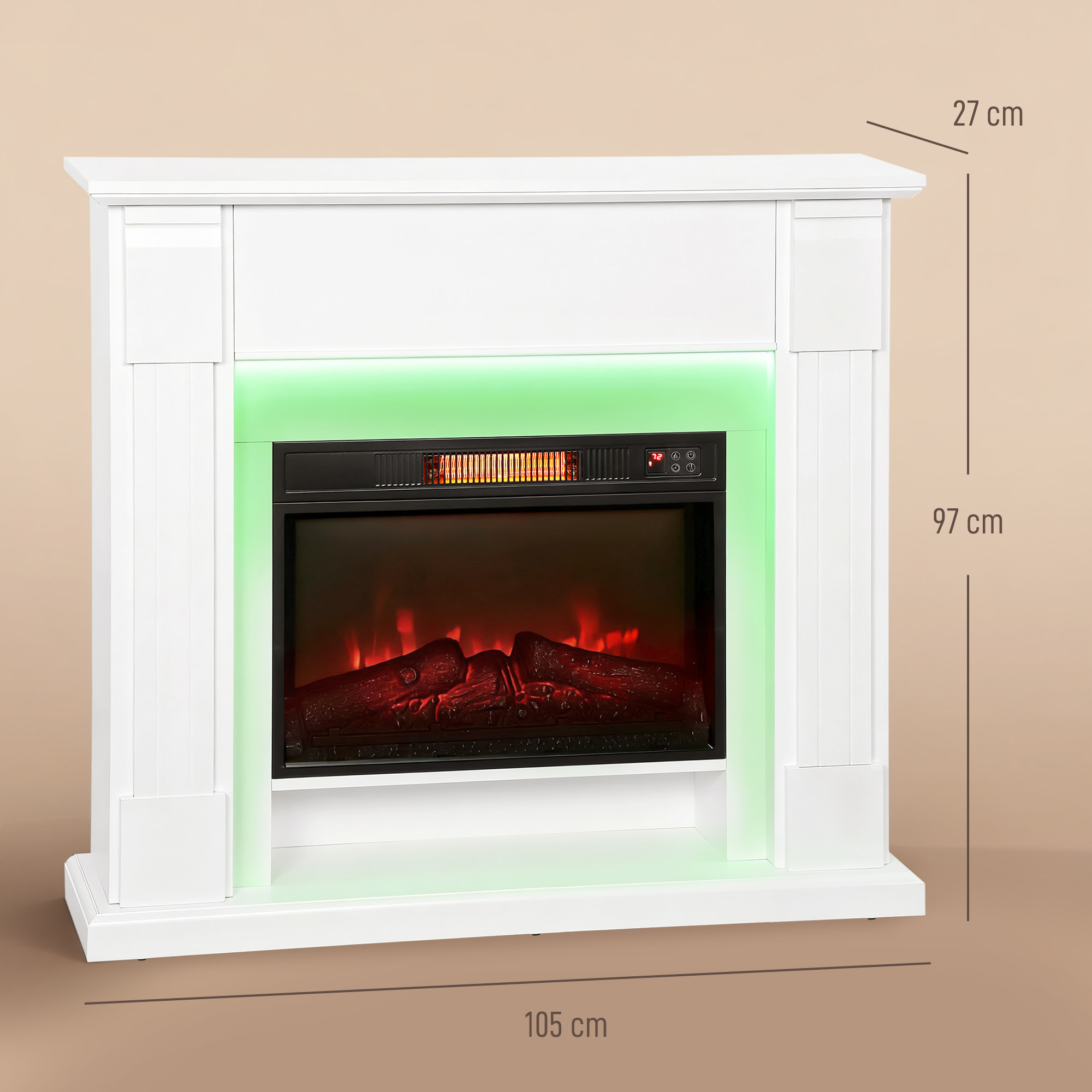 Chimenea Eléctrica Empotrable con Efecto de Llama 3D, Tira de Luz LED RGB, Chimenea Decorativa, 1800W, Temporizador, Termostato Digital, Mando a Distancia, para 30 Ã£Å½Â¡, Blanco