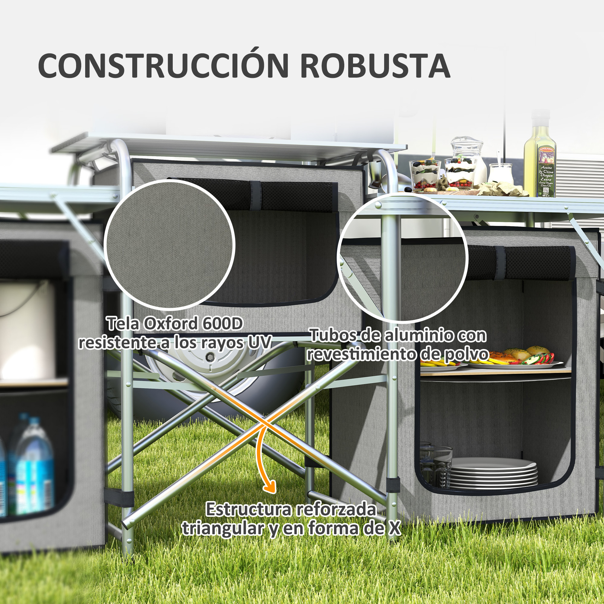 Mueble Cocina Camping Armario Camping Plegable con Mesas Armarios Ganchos Estructura de Aluminio Poste de Luz Ajustable Paravientos y Bolsa de Transporte para Acampada 172x48x130 cm Gris