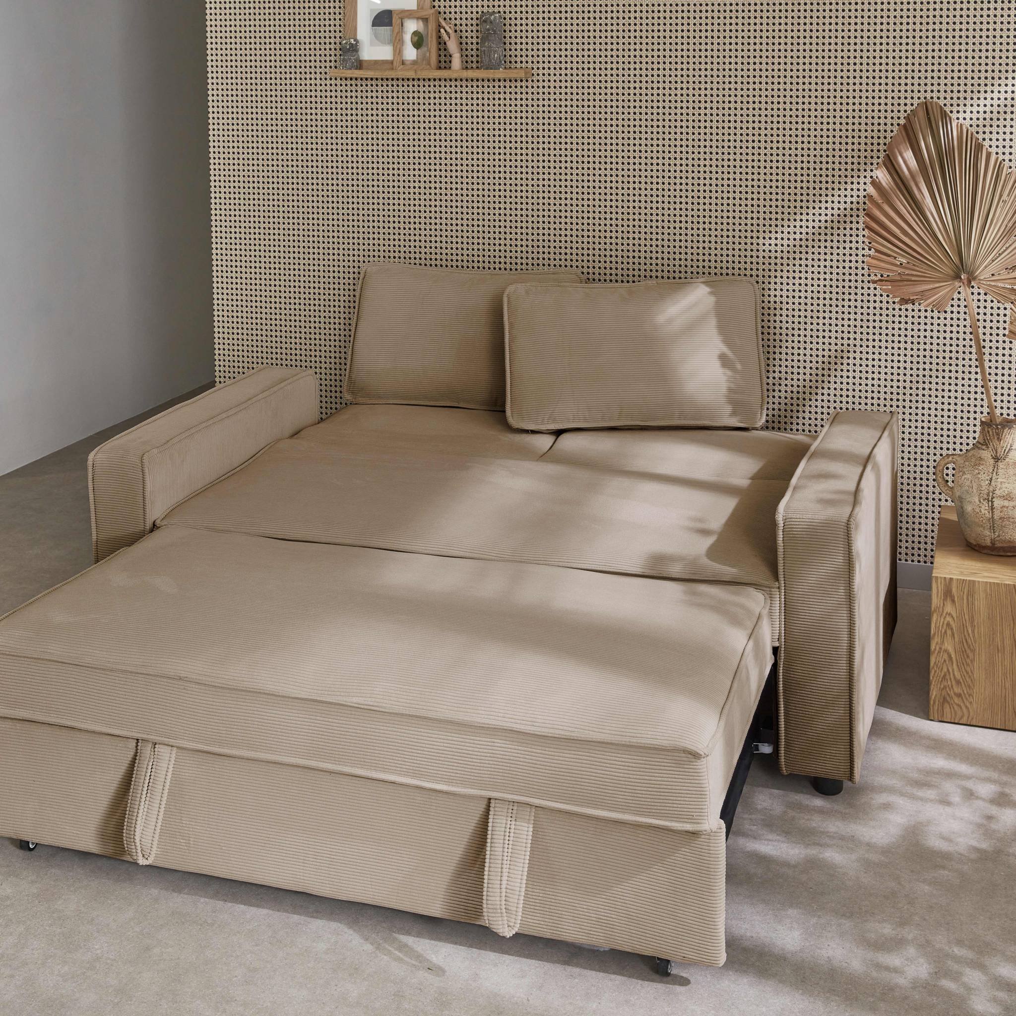 Canapé convertible 3 places blanc beige velours côtelé. banquette. lit