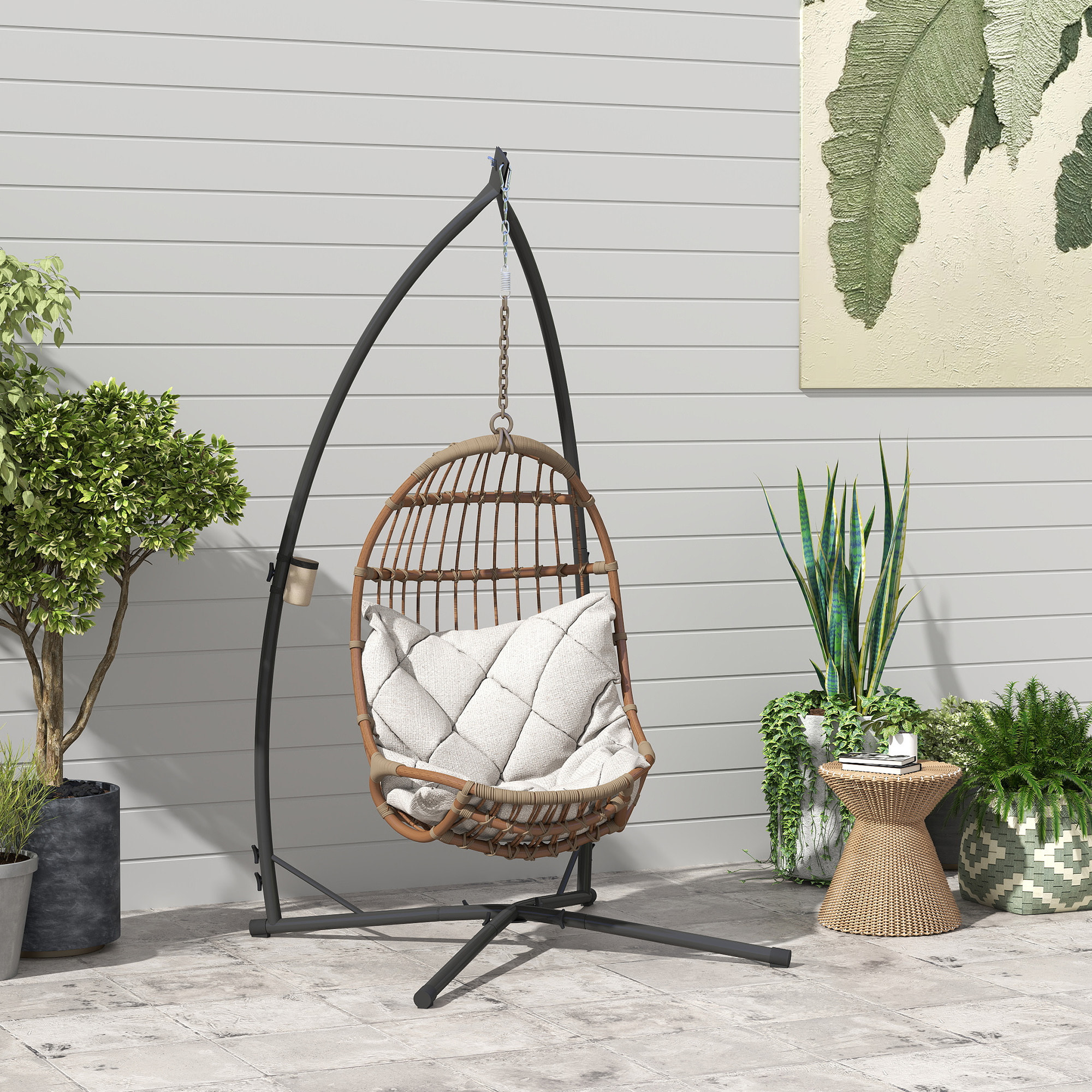 Soporte para Silla Colgante de Huevos Altura 215 cm con Estructura de Acero Base Estable y Portavaso Soporte para Silla Columpio para Patio Jardín Balcón Carga 150 kg Negro