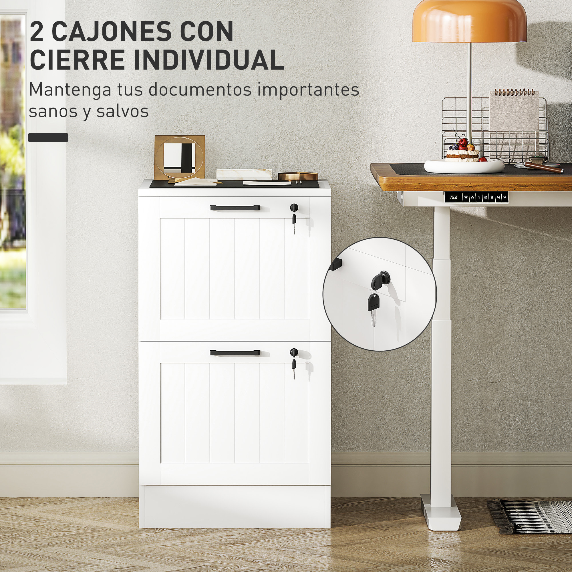 Cajonera de Oficina Mueble Archivador con 2 Cajones Cajonera para Escritorio con Cerraduras Carpetas Suspendidas para A4 y Carta 40x40x71 cm Blanco