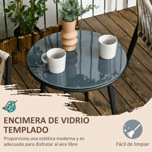 Conjunto de Muebles de Jardín 3 Piezas Juego de Muebles de Terraza Incluye Mesa con Encimera de Vidrio Templado y 2 Sillones con Cojines Reposabrazos de Cuerda Polipropileno Gris