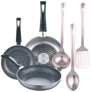 Set 3pc sarten (16+20+24cm) aluminio prensado, inducción, negra soul marble con set 3 pc utensilios cocina acero inoxidable