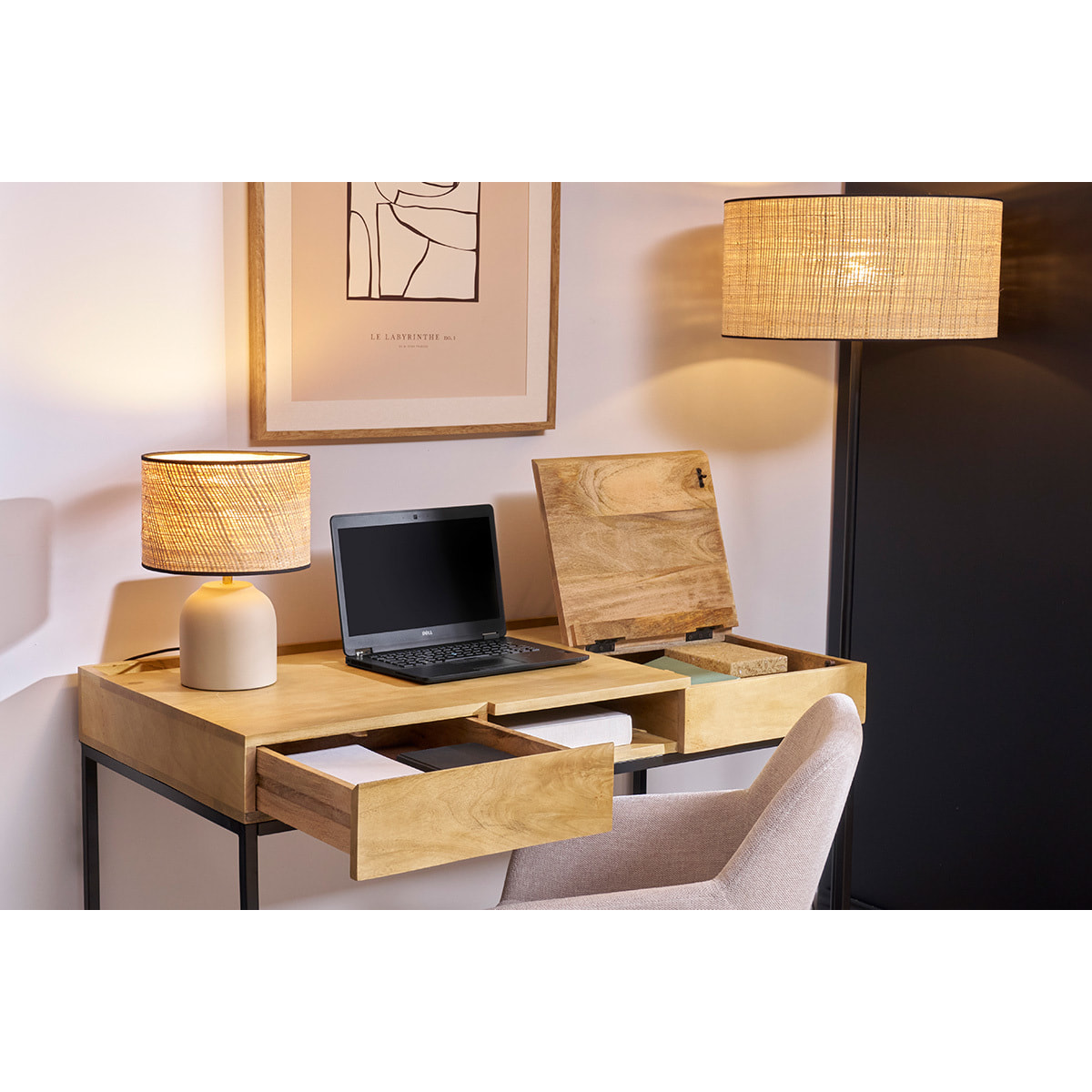 Bureau à rangements industriel bois manguier massif et métal noir L118 cm YPSTER