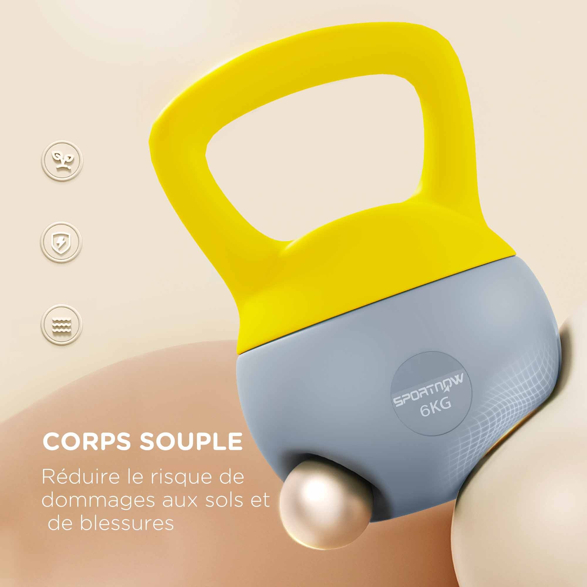 Kettlebell 6 Kg - prise ergonomique - entraînement musculaire & haltérophilie - PVC gris jaune