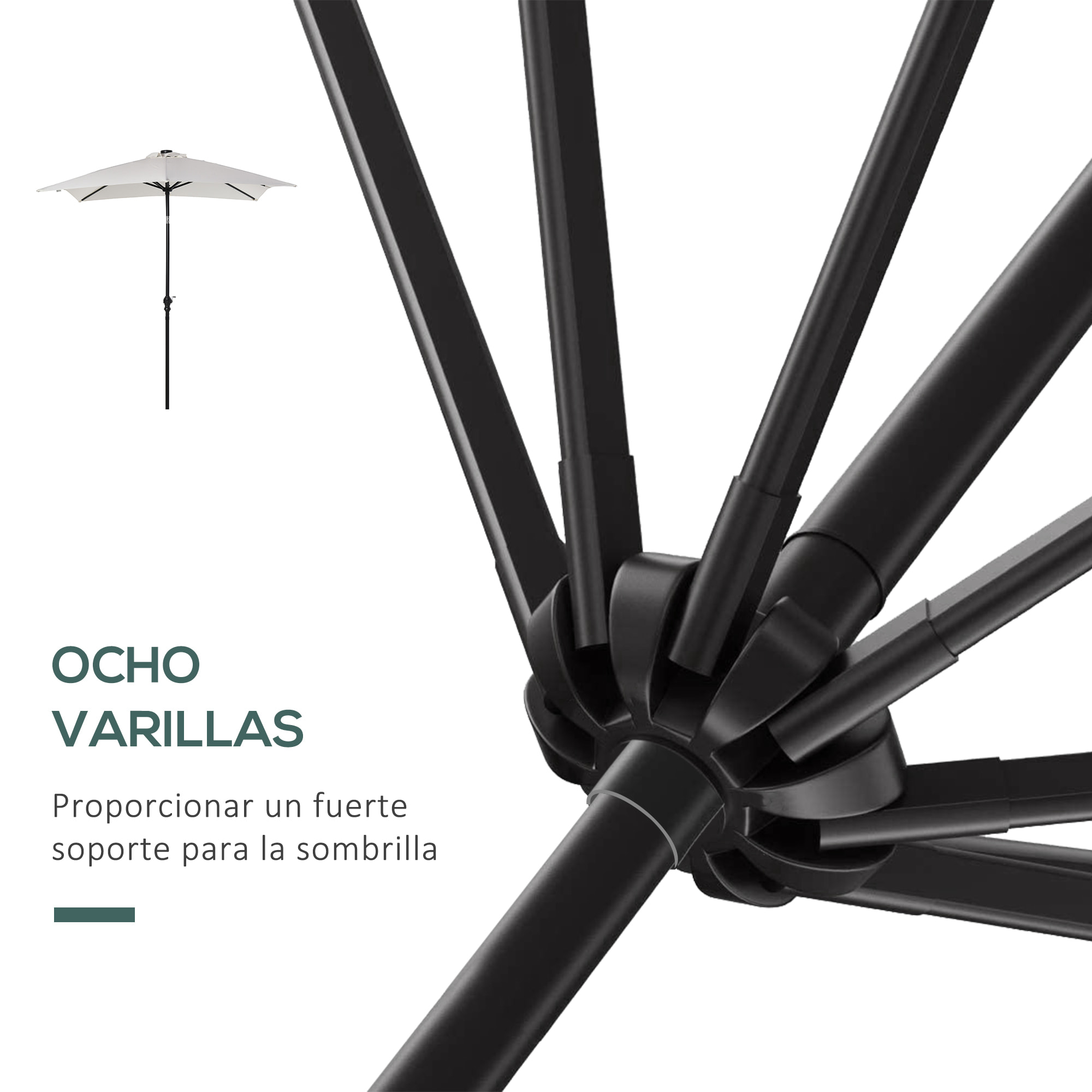 Sombrilla Terraza Exterior 268x205x248 cm Sombrilla de Jardín con Techo Inclinable hasta 45° Luces LED Solares Poste de Acero y Manivela Parasol para Patio Terraza Blanco