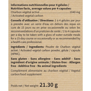 NUTRI EXPERT - Charbon végétal activé - Détoxifie et assainit l'organisme - Remédie aux troubles digestifs et intestinaux - Apaise les sensations de ballonnements et flatulences - Vegan - 60 gélules