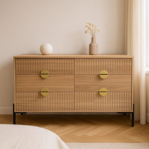 TORINESE Commode 6 tiroirs décor bois rainuré et poignées dorées 124cm
