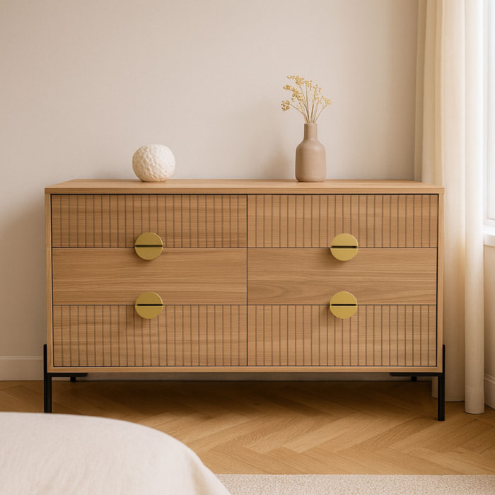 TORINESE Commode 6 tiroirs décor bois rainuré et poignées dorées 124cm