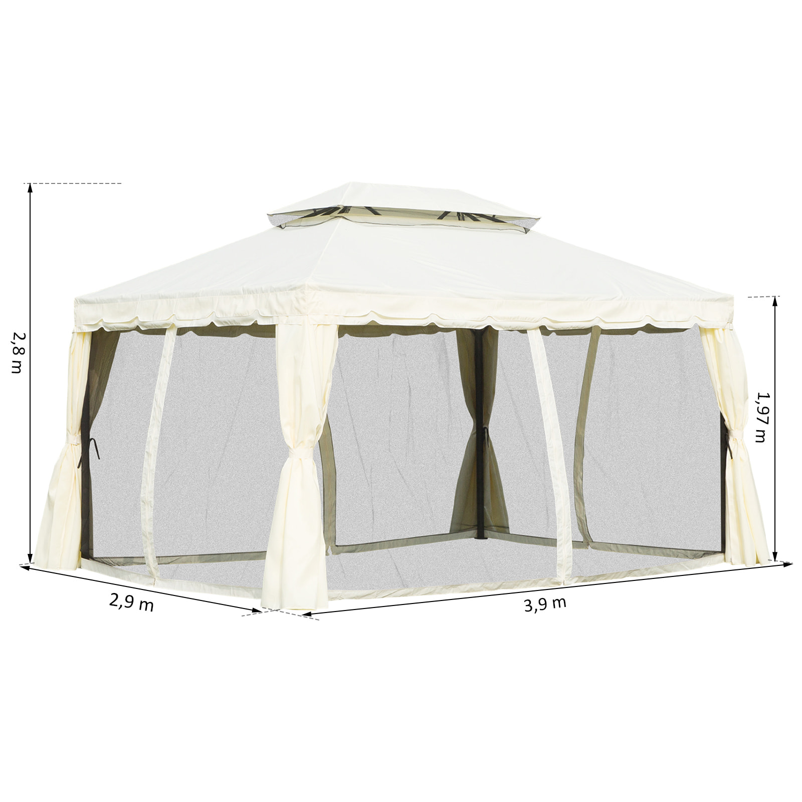 Tonnelle barnum pavillon de jardin style colonial double toit toile moustiquaires et toiles amovibles 3,9L x 2,9l x 2,7H m écru