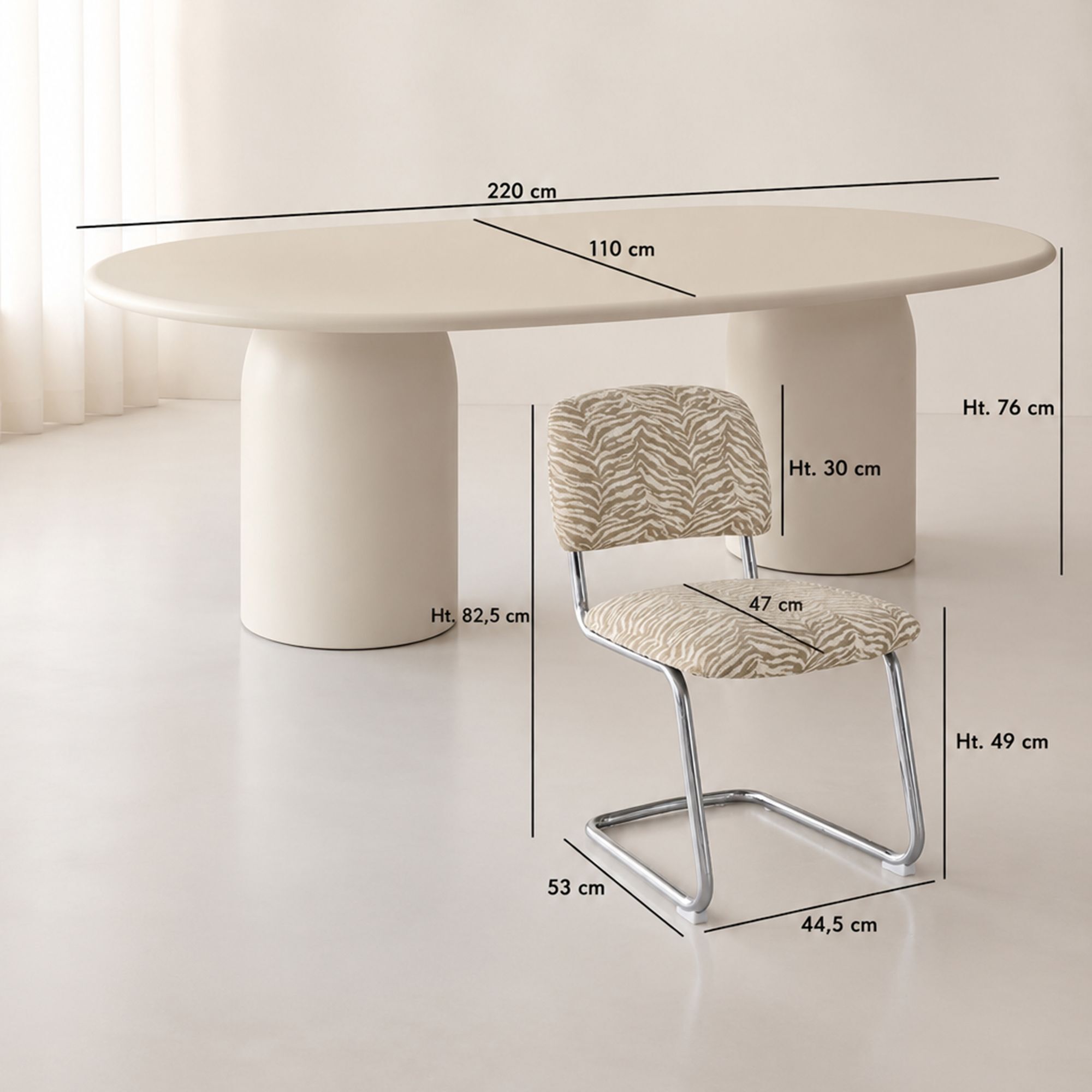 Ensemble table ovale 220cm et 6 chaises en tissu zèbre FELINE