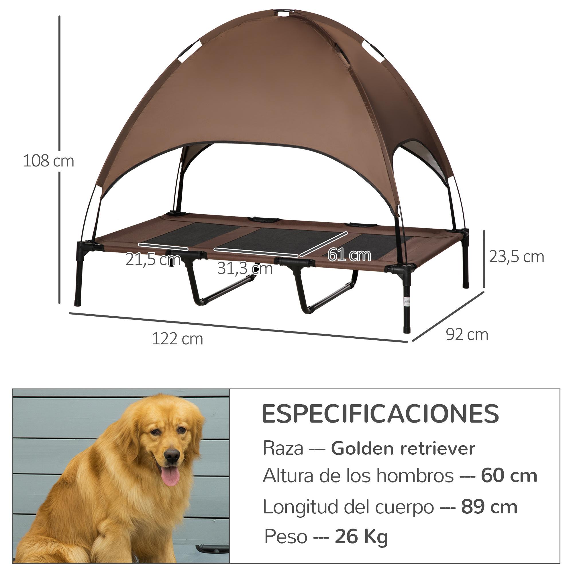 Cama Elevada para Mascotas Portátil con Toldo Extraíble Tela Transpirable al Aire Libre para Interior y Exterior 122x92x108 cm Café