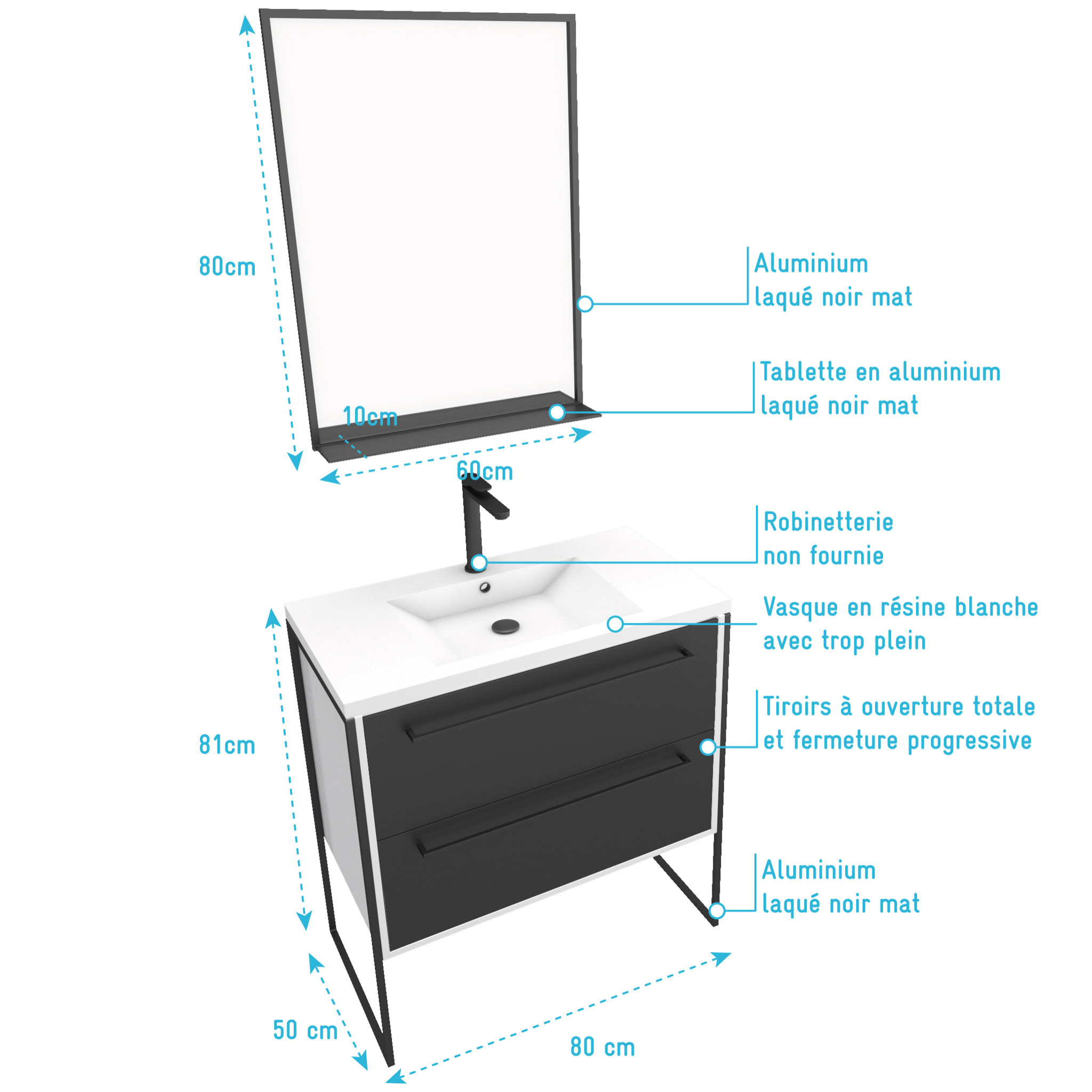 Pack meuble de salle de bain 80x50 Blanc - 2 tiroirs + vasque resine blanche + miroir noir mat