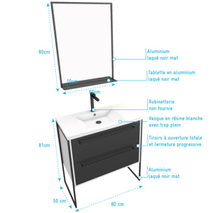 Pack meuble de salle de bain 80x50 Blanc - 2 tiroirs + vasque resine blanche + miroir noir mat