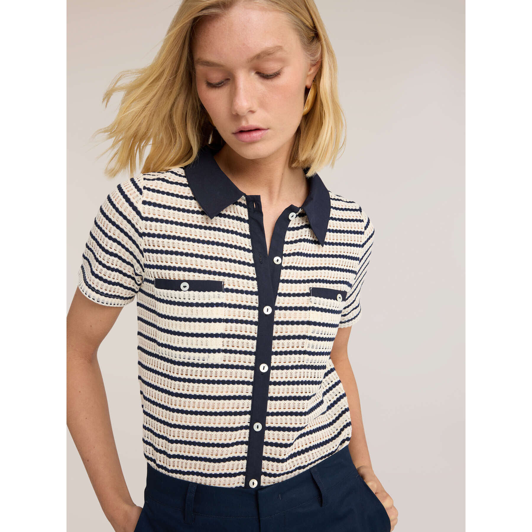 Motivi - Camiseta de rayas con cuello en contraste - Azul