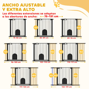 Barrera de Seguridad para Perros Extensible 75-131 cm, para Puertas y Escaleras, Barrera para Perros con Puerta Pequeña, 3 Extensiones, Montaje a Presión y Doble Bloqueo, Negro