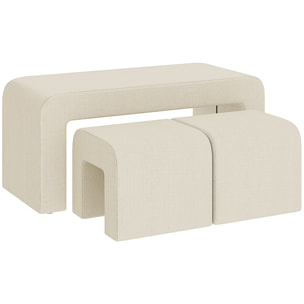 Juego de 3 Bancos Zapateros, Grande y 2 Pequeños, Bancos Recibidores Modernos de Pana, Diseño Compacto, Mesa Auxiliar para Salón, Entrada, Pasillo, Dormitorio, 104x44x48 cm, Crema