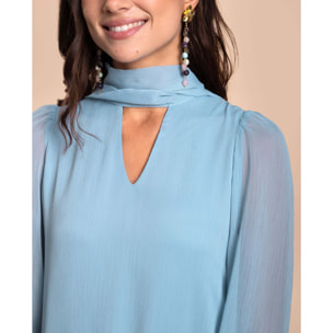 Vestido corto manga abullonada y lazada