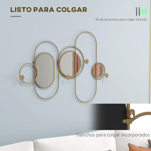 Perchero de Pared con 4 Ganchos y 3 Espejos Decorativos para Colgar Abrigos Bolsos para Pasillo Entrada 106x71 cm Dorado