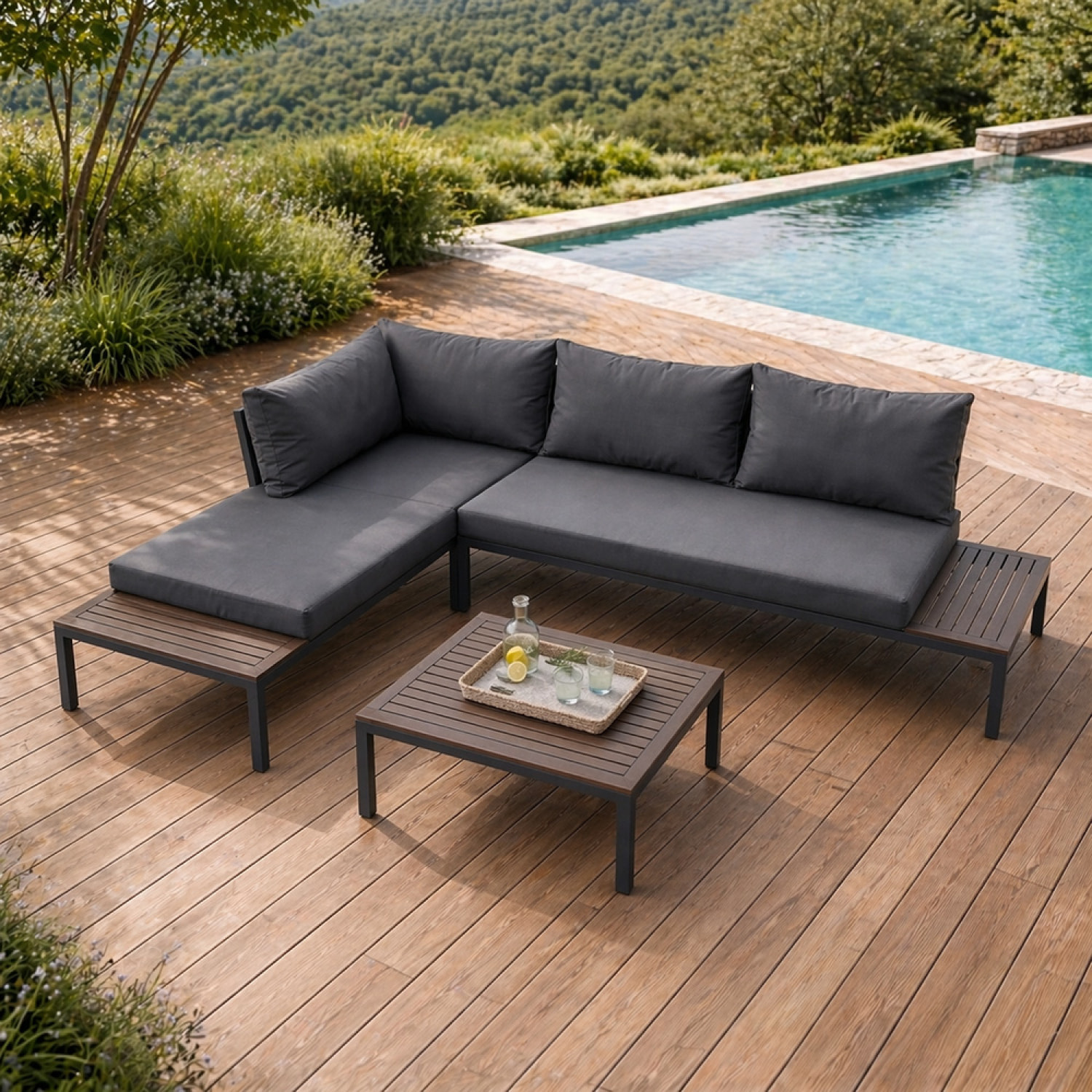 Salon de jardin 3-4 places avec table basse gris foncé CANEE