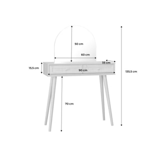 Coiffeuse Bohème avec miroir arrondi et 2 tiroirs cannage. coloris naturel. style Scandinave. L 90 x P 35 x H 135.5 cm