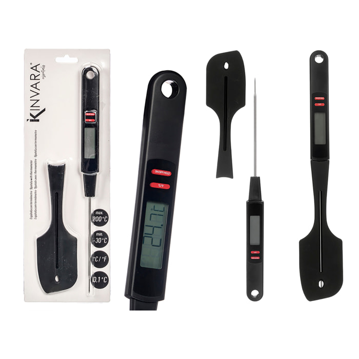 Spatola in silicone digitale con sonda per misurare la temperatura. Intervallo da −30 °C a 200 °C e precisione di 0,1 °C.