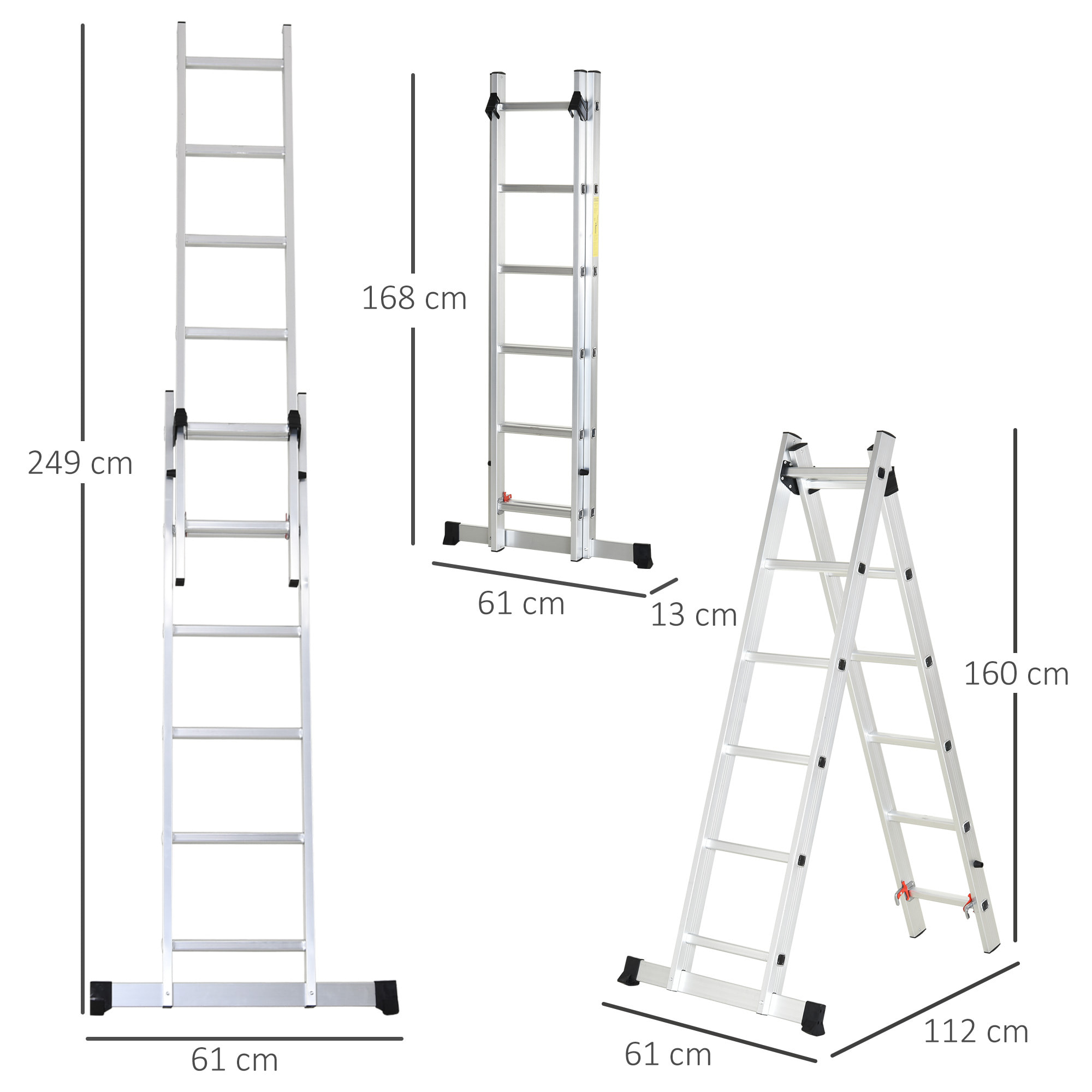 Escalera Aluminio con Estructura Triangular de Tijera Plegable Portátil 2 Formas de Uso Pie Antideslizante Articulación Rail Máx. 150kg Altura 160-249cm Plata