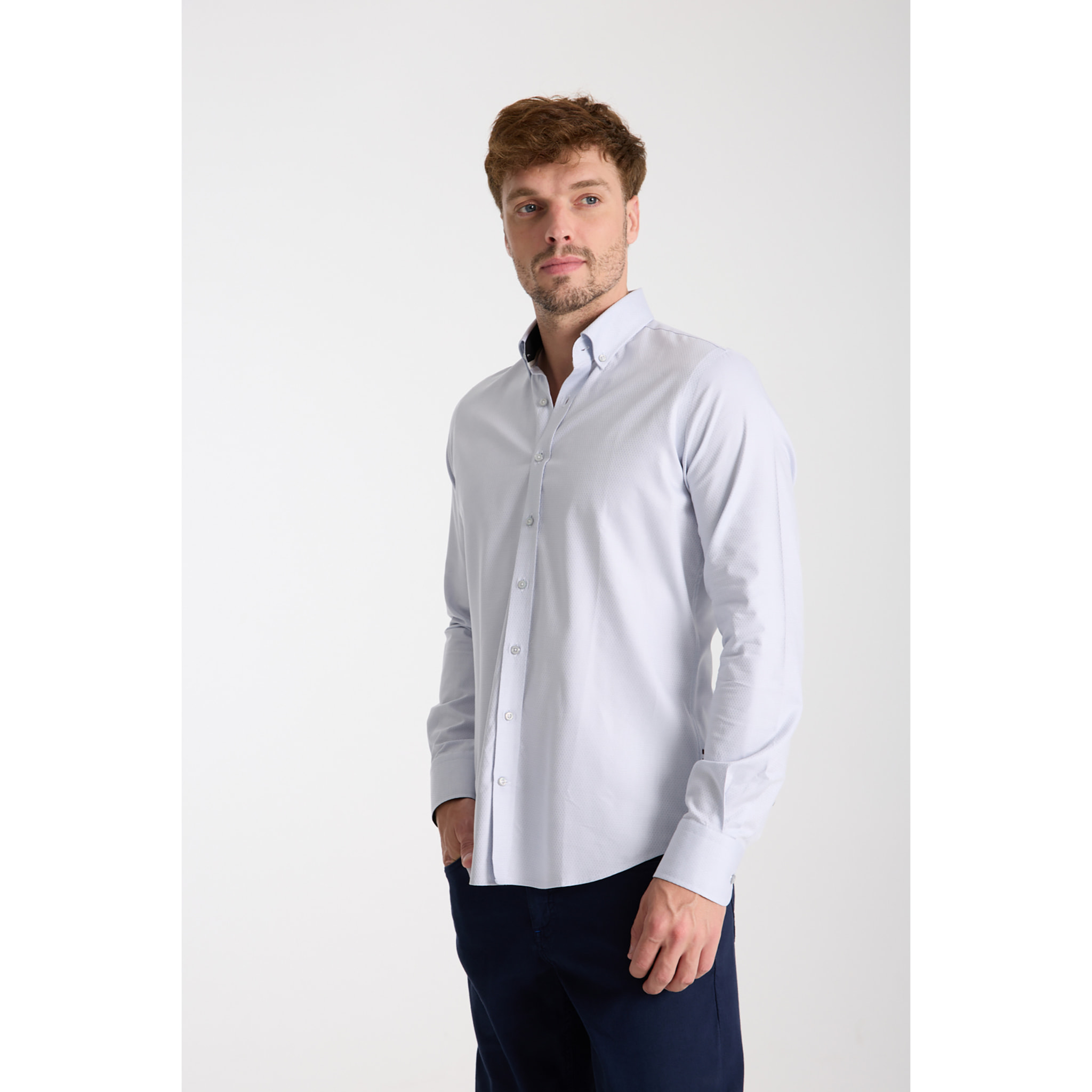 camicia uomo 1 bottone button down slim Jacquard Fantasia Bianco e Bianco