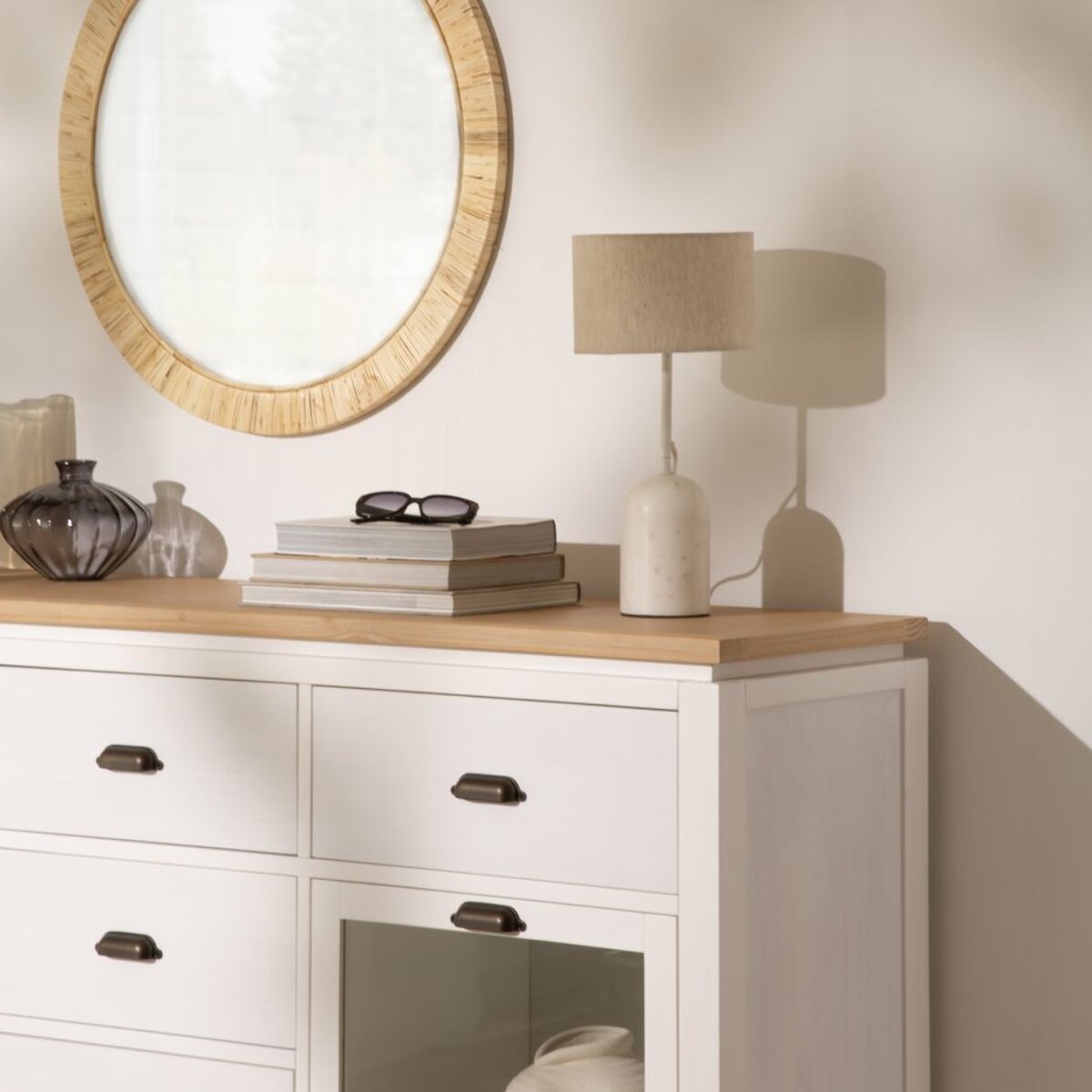 Buffet Avelin -bois massif de mindi et placage naturel de mindi-couleur blanc bergen/naturel 160 x 105 x 42 cm